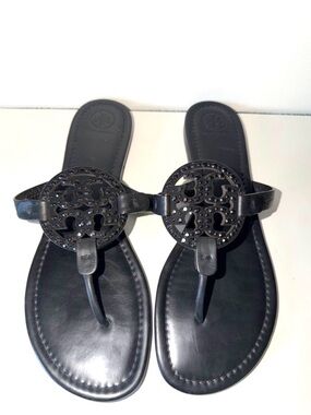 Tory Burch Miller Sandals Black Leather Jeweled Logo Thong Flip Flop Women’s 12